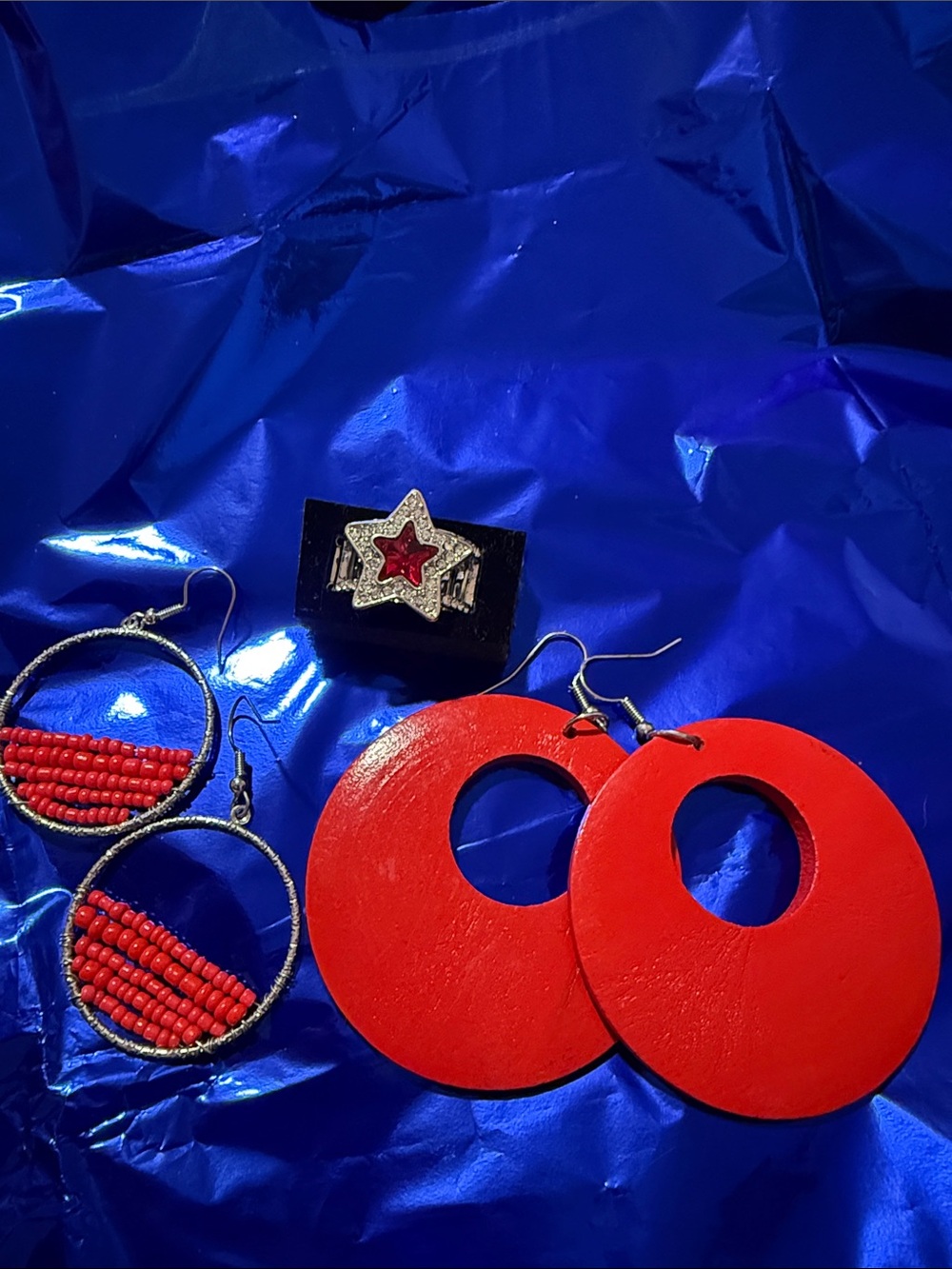 New RED Earrings and Glitz Ring wood 3”, beaded 2.5” and glitz Ring stretch